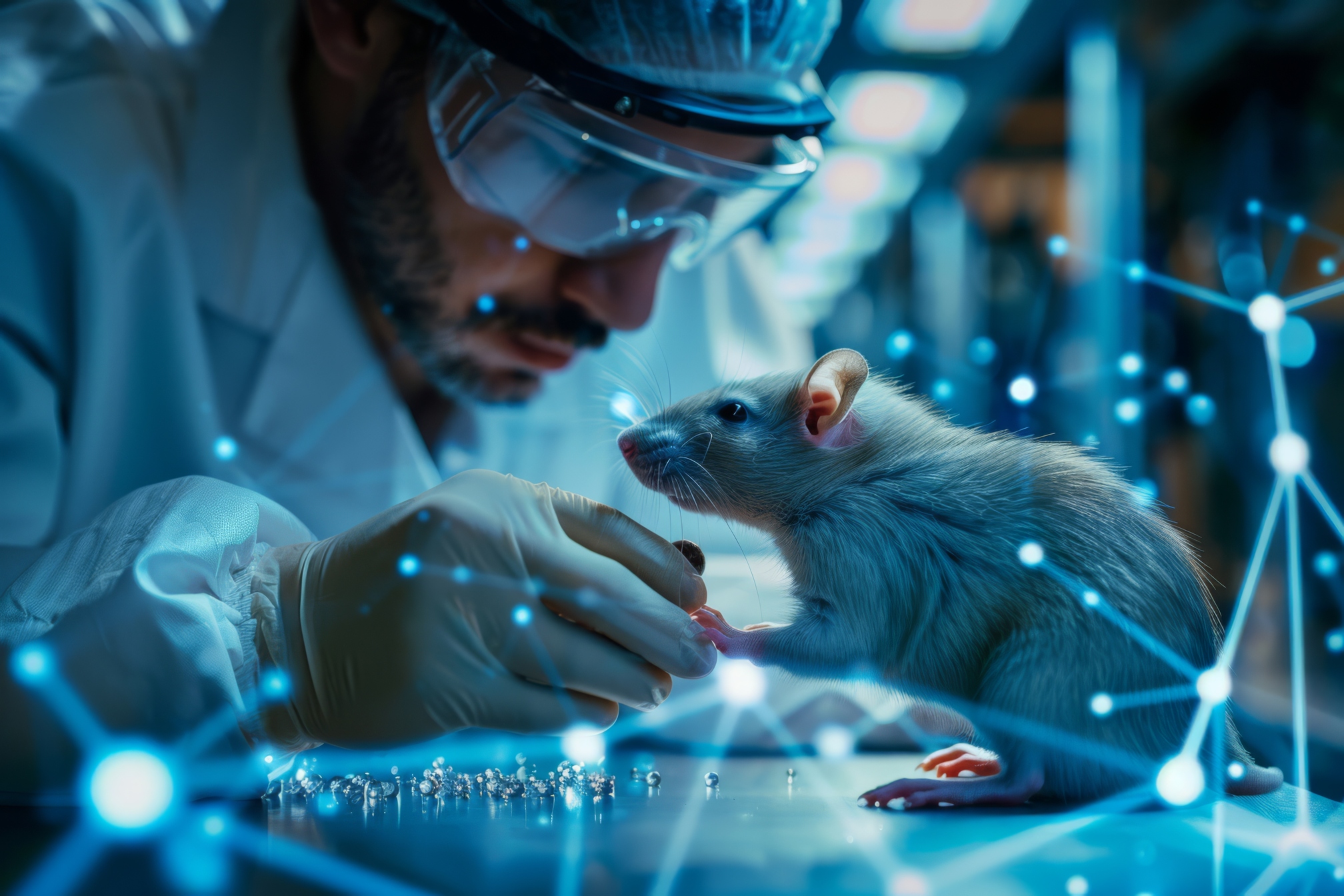 Scientist examining lab rat